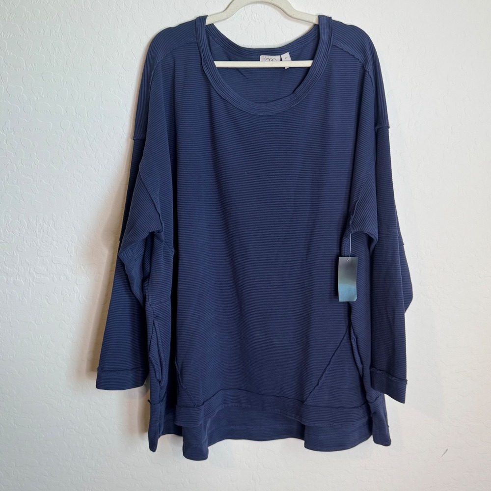 NWT LOGO Lori Goldstein 2X Navy Blue Ribbed Oversized Sweatshirt Lagenlook Boho